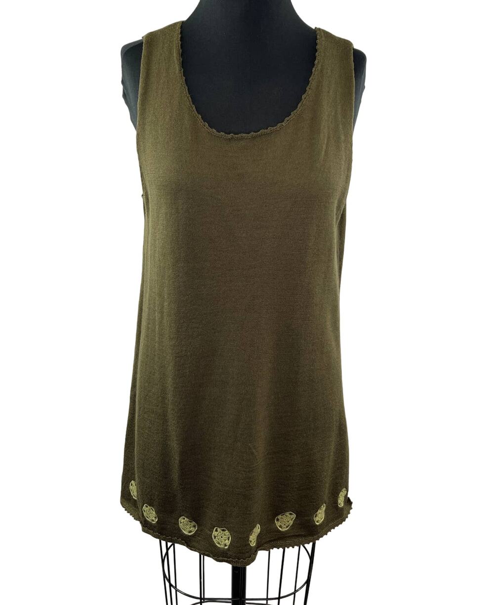 Tera Bora Green Wool Blend Embroidered Hem Scoop Neck Sleeveless Tunic Top 3 L
